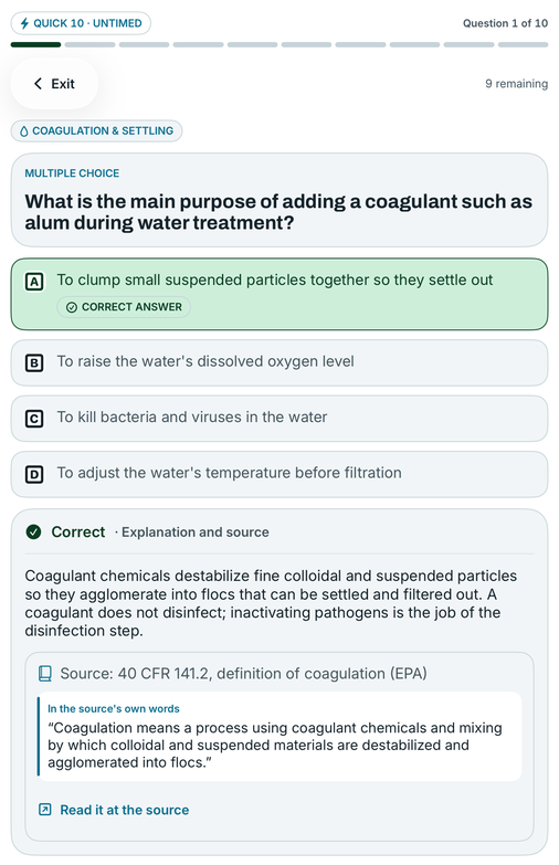 A revealed answer marked Correct, with its explanation, the line Source: 40 CFR 141.2, definition of coagulation (EPA), the regulation's own words, and a Read it at the source link.